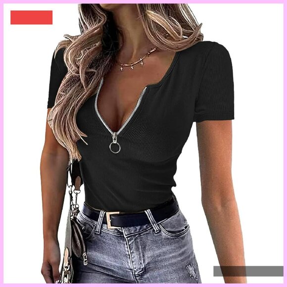 Ribbed Knit Henley Top Slim Fit V Neck Zip Up Summer Blouse - Picture 1 of 4